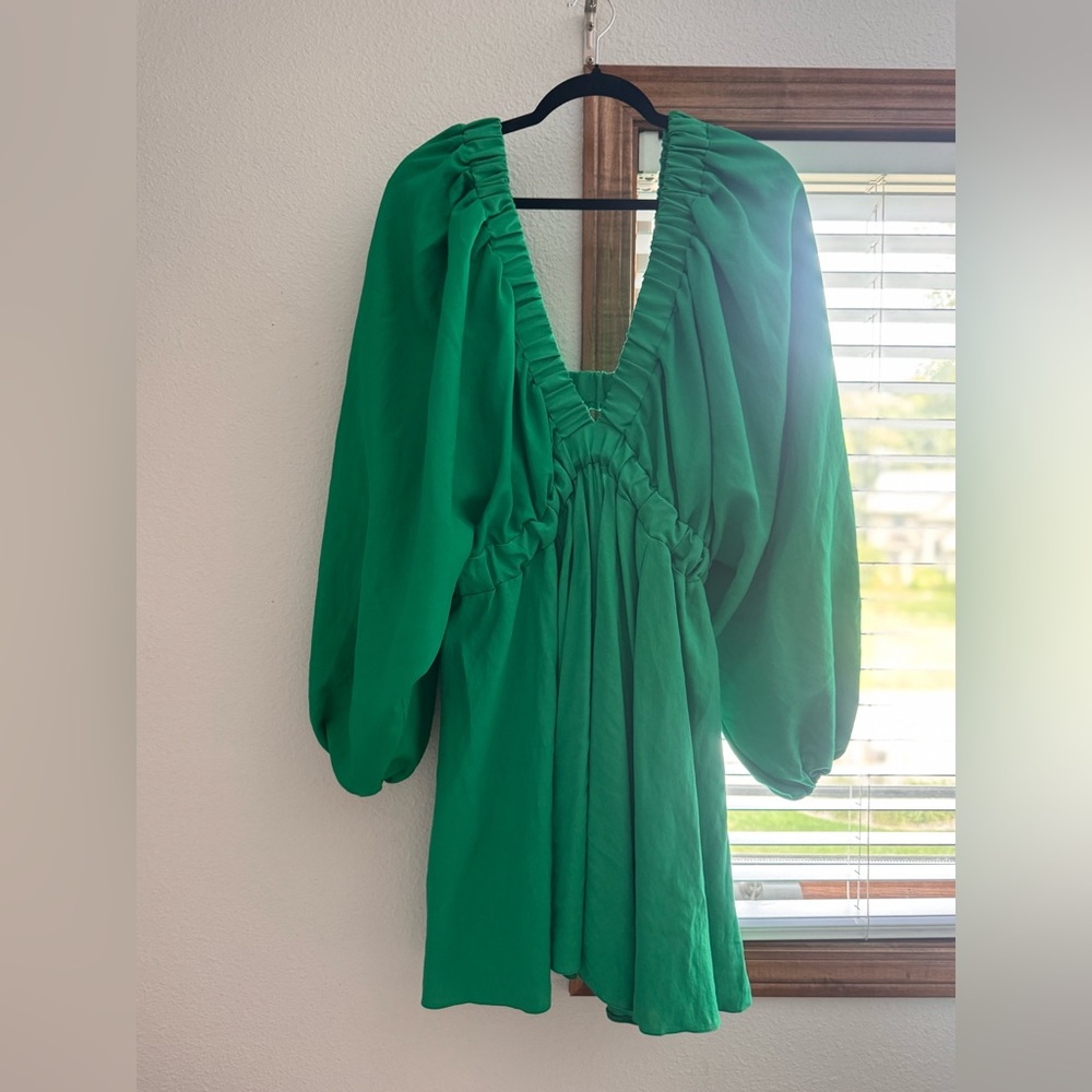 ASOS Emerald Green V-Neck Blouse with Puff Sleeves